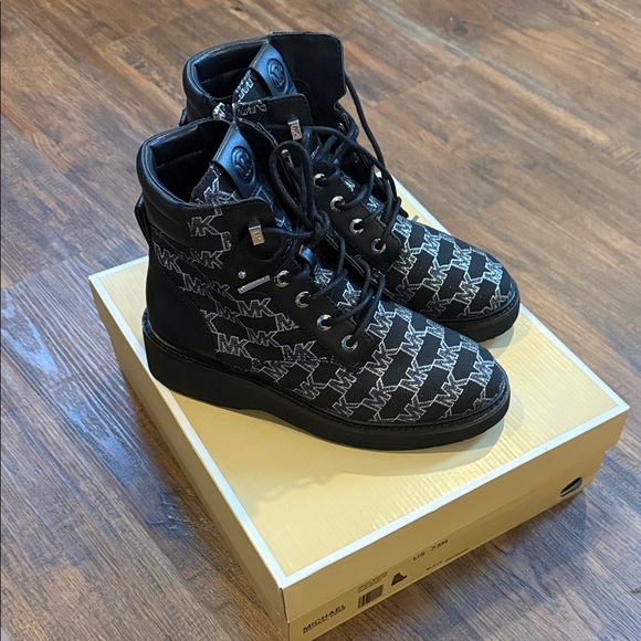 Michael Kors Black Monogram Lace-Up Boots - Picture 1 of 7